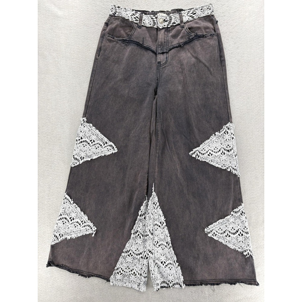 POL Crochet Lace Wide Leg Crop Jeans Womens M Gray Dark Wash High Rise Denim Y2K